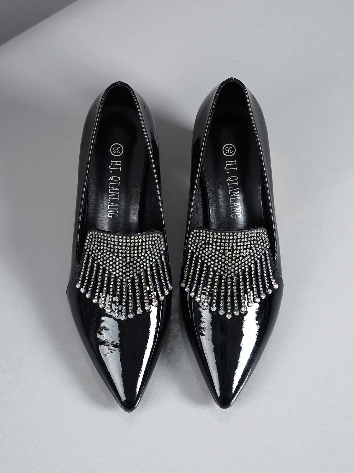 Rhinestone Patent Leather Pumps Spool Heel Dress Shoes