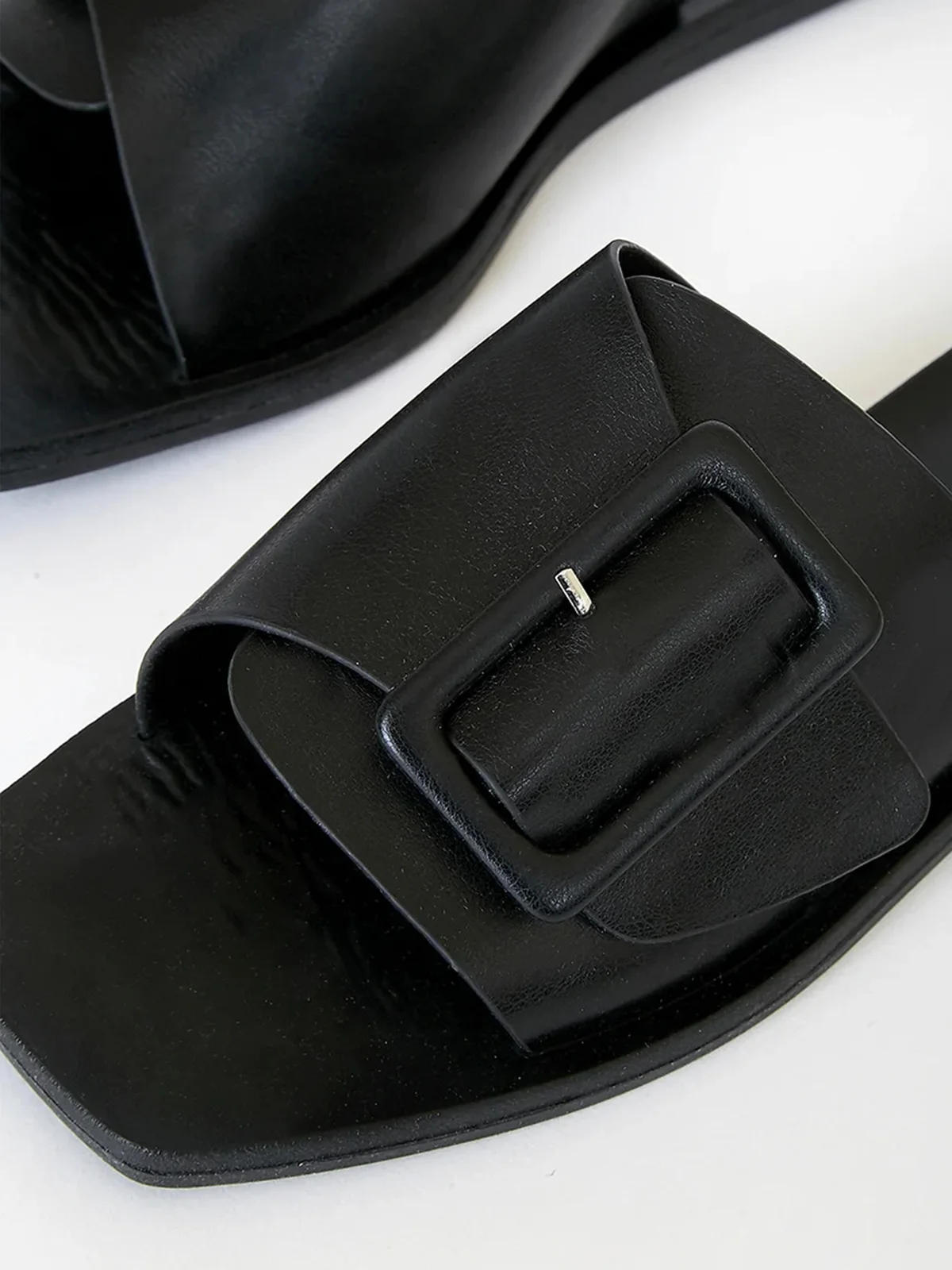 Irregular Buckle Leather Square Toe Slide Sandals