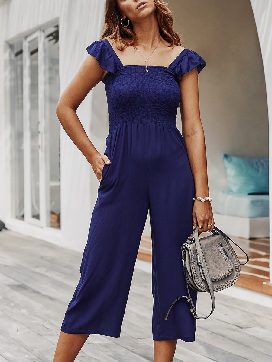 Stylewe Solid Jumpsuits Holiday Square Neck Short Sleeve Navyblue Jumpsuits