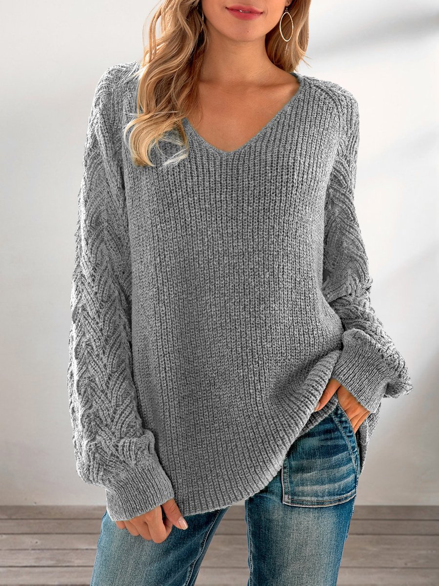 Gray V Neck Shift Long Sleeve Solid Sweaters - Stylewe