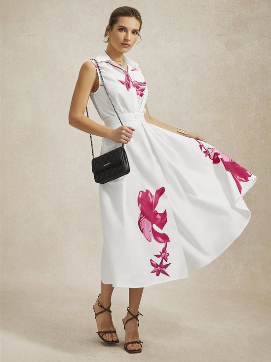 Better Basics Artistic Floral Pattern Cinched Waist Long Shirt Dress