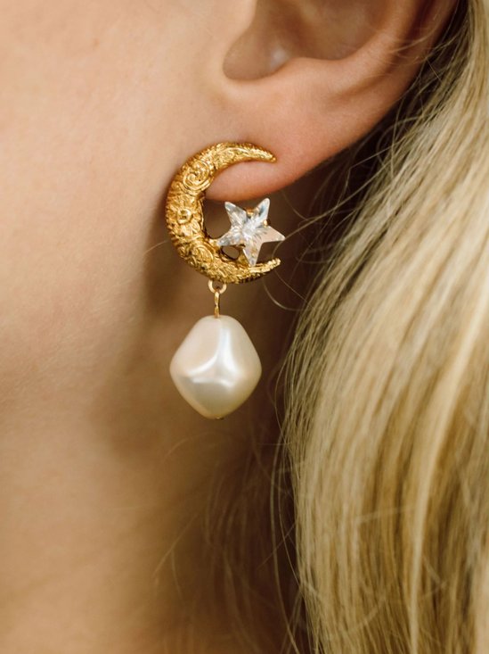 Star and Moon Rhinestone Elegant Imitation Pearl Dangle Earrings