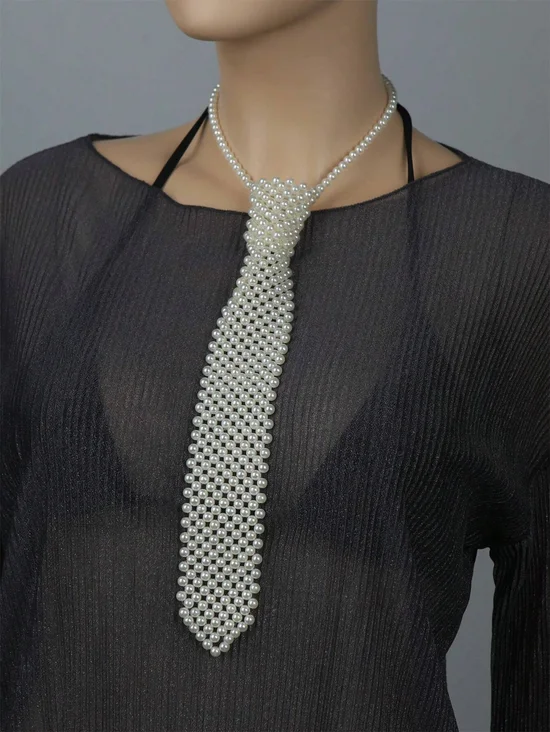 Fashionable Imitation Pearl Beaded Weave Tie Necklace