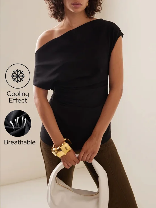 Better Basics Cooling Breathable Cold-Shoulder Cinched Waist T-Shirt